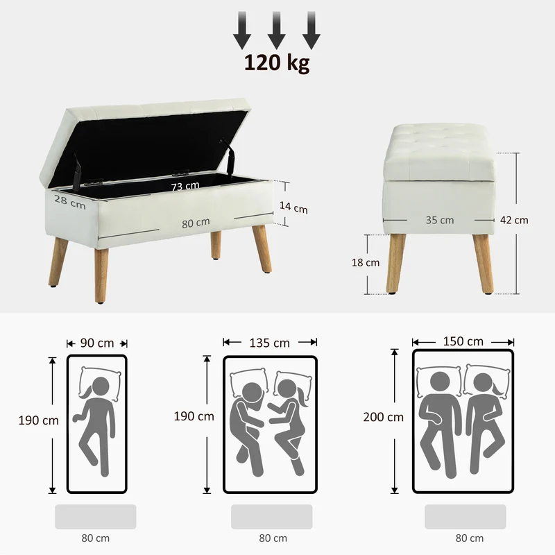 Cassapanca Pouf Contenitore Poggiapiedi 80x35x42 cm in Velluto Gambe in Legno di Caucciù Crema