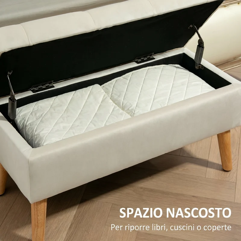 Cassapanca Pouf Contenitore Poggiapiedi 80x35x42 cm in Velluto Gambe in Legno di Caucciù Crema