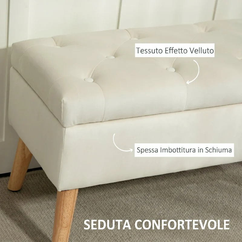 Cassapanca Pouf Contenitore Poggiapiedi 80x35x42 cm in Velluto Gambe in Legno di Caucciù Crema