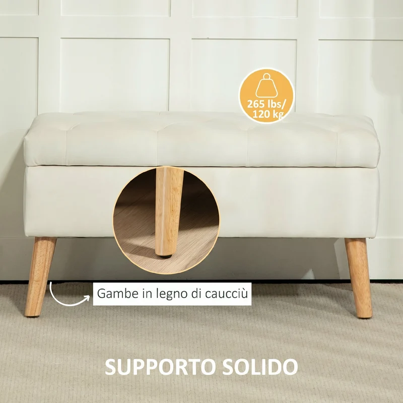 Cassapanca Pouf Contenitore Poggiapiedi 80x35x42 cm in Velluto Gambe in Legno di Caucciù Crema