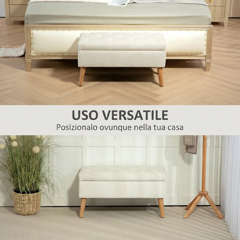 Cassapanca Pouf Contenitore Poggiapiedi 80x35x42 cm in Velluto Gambe in Legno di Caucciù Crema