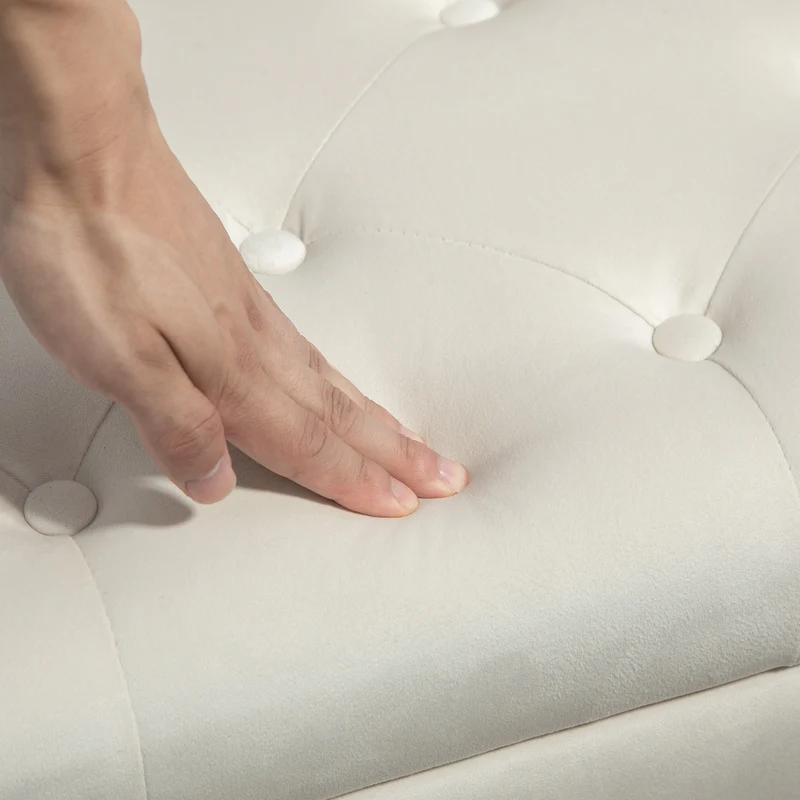 Cassapanca Pouf Contenitore Poggiapiedi 80x35x42 cm in Velluto Gambe in Legno di Caucciù Crema