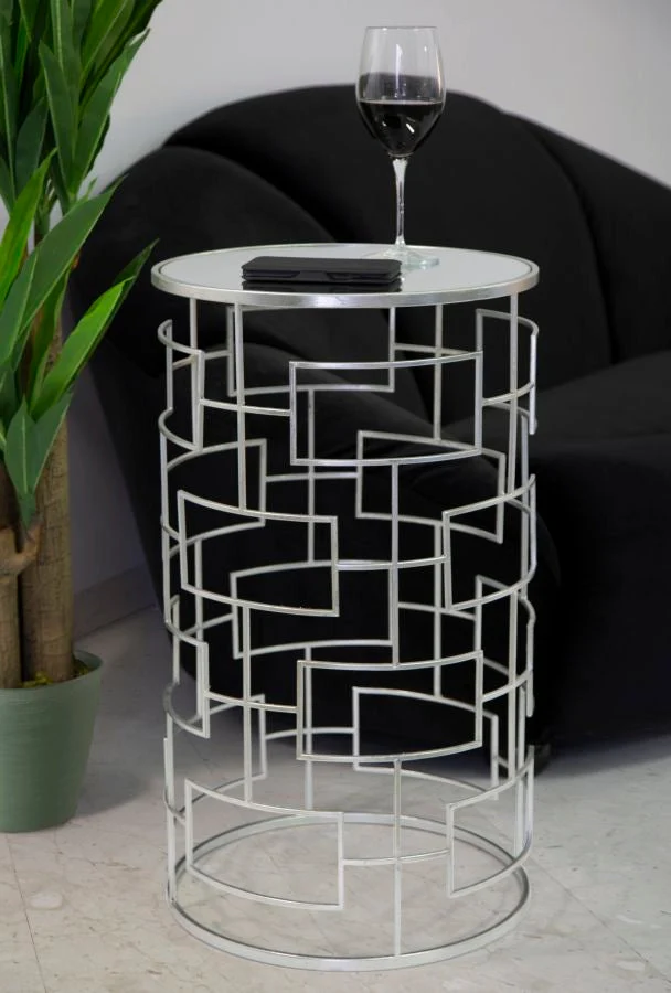 Porta Telefono Ice Ø40x70 cm in Ferro MDF e Specchio Argento