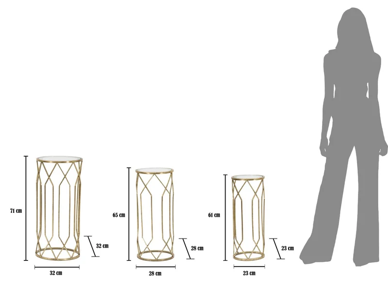 Porta Telefono Tunisi Tris Ø32x71-28x65-23x61 cm in Ferro e Vetro Oro