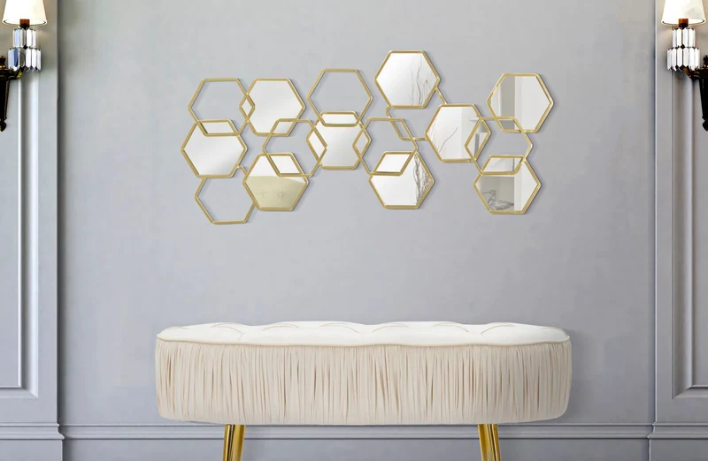 Pannello da Muro Alveare 87,5x2,75x40 cm in Ferro MDF e Specchio Oro