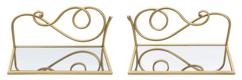 Comodino Mensola Coppia 41,5x18x20,5 cm in Ferro MDF e Specchio Oro