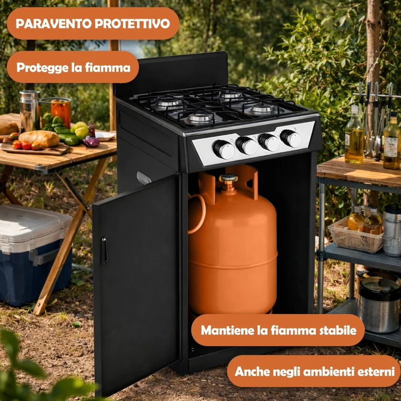 Cucina con Piano Cottura 4 Fuochi Gas da Esterni Nero Paravento e Portabombola