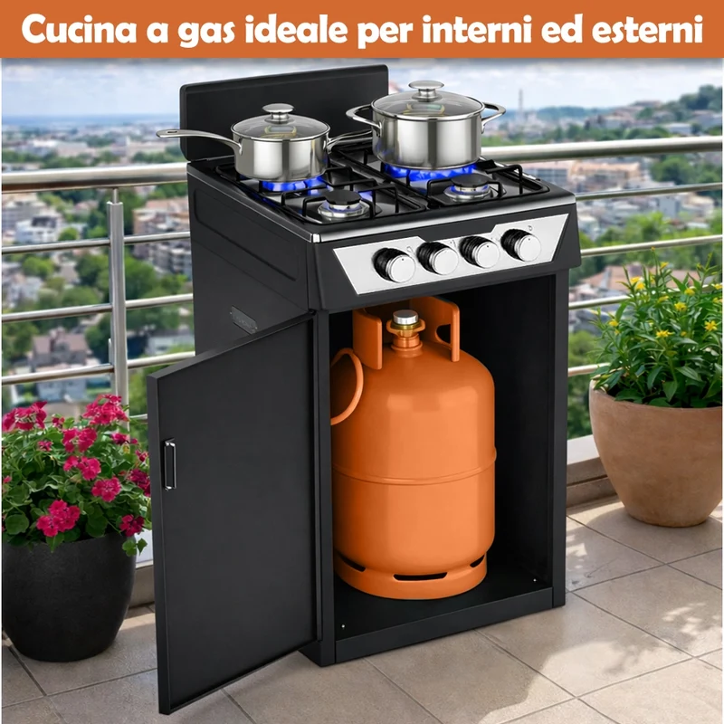 Cucina con Piano Cottura 4 Fuochi Gas da Esterni Nero Paravento e Portabombola