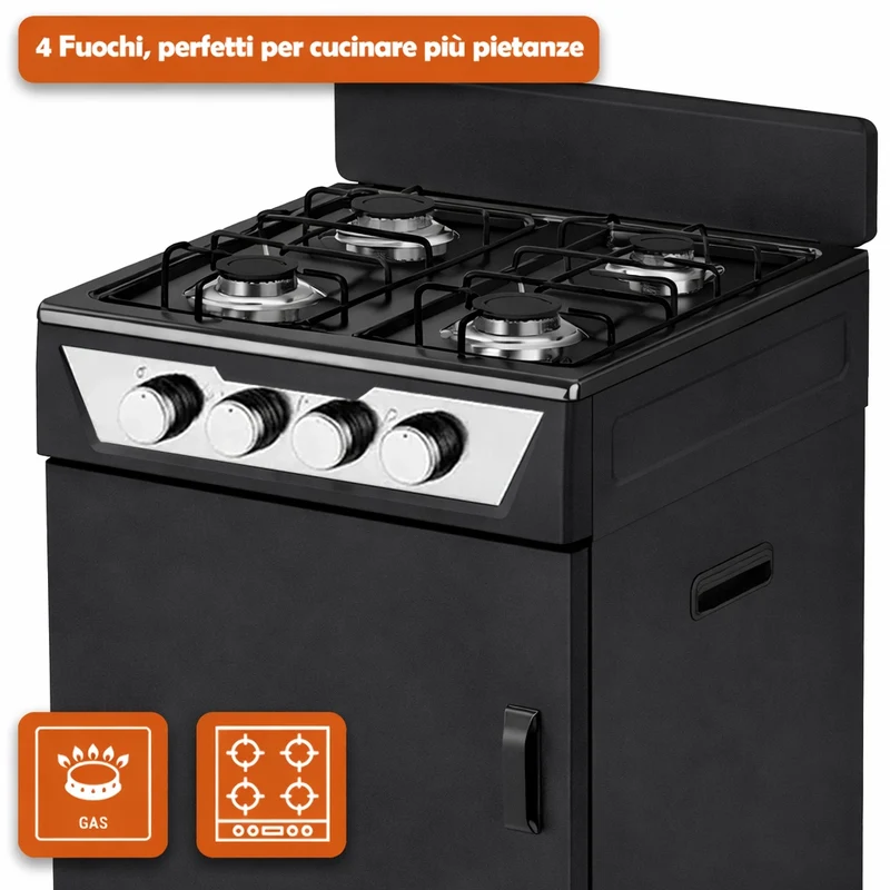 Cucina con Piano Cottura 4 Fuochi Gas da Esterni Nero Paravento e Portabombola