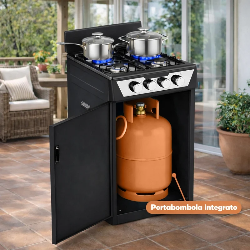 Cucina con Piano Cottura 4 Fuochi Gas da Esterni Nero Paravento e Portabombola