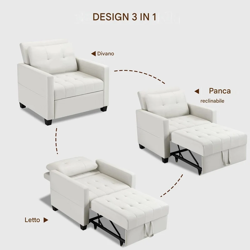Poltrona Divano Letto Singolo Chaise Lounge Beige Seduta Imbottita Ergonomica
