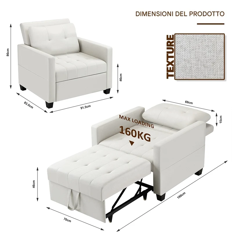 Poltrona Divano Letto Singolo Chaise Lounge Beige Seduta Imbottita Ergonomica