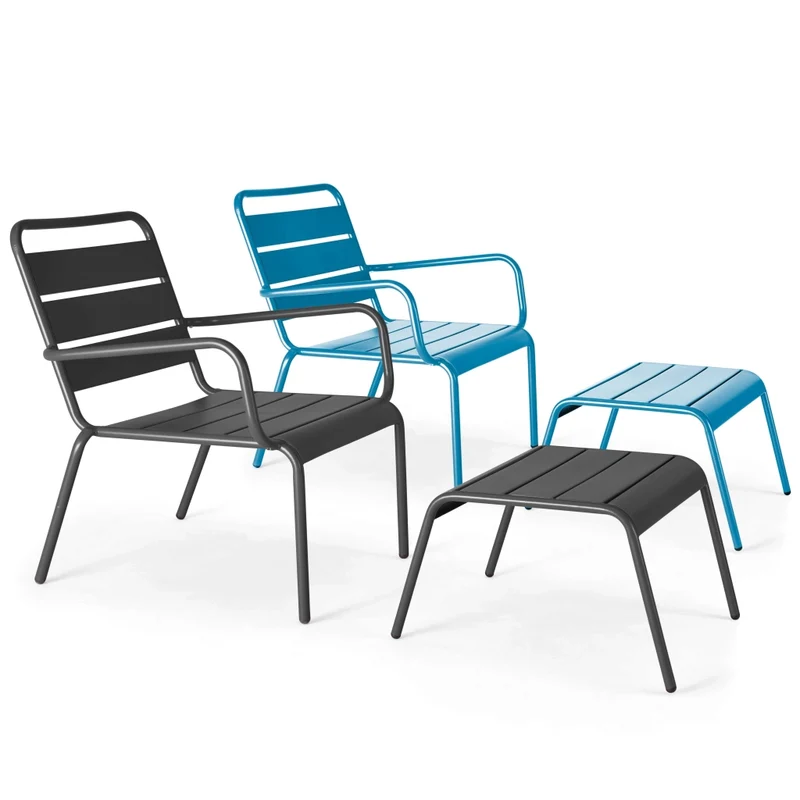 Oviala - Lotto di 2 poltrone relax con poggiapiedi grigio e blu pacifico