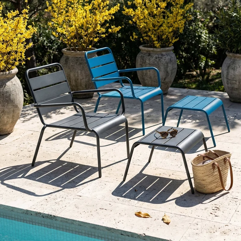 Oviala - Lotto di 2 poltrone relax con poggiapiedi grigio e blu pacifico