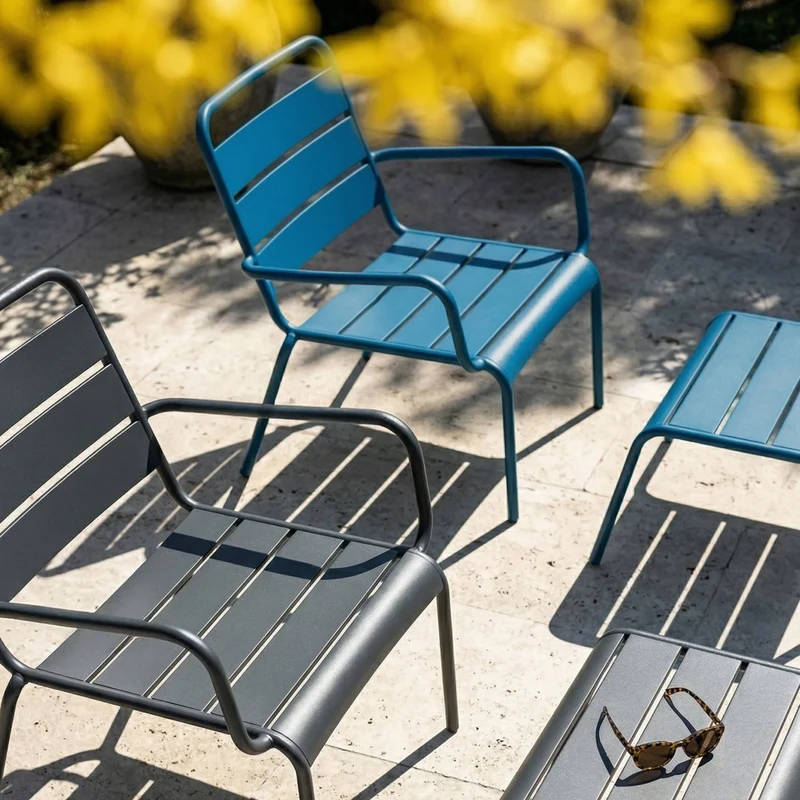 Oviala - Lotto di 2 poltrone relax con poggiapiedi grigio e blu pacifico
