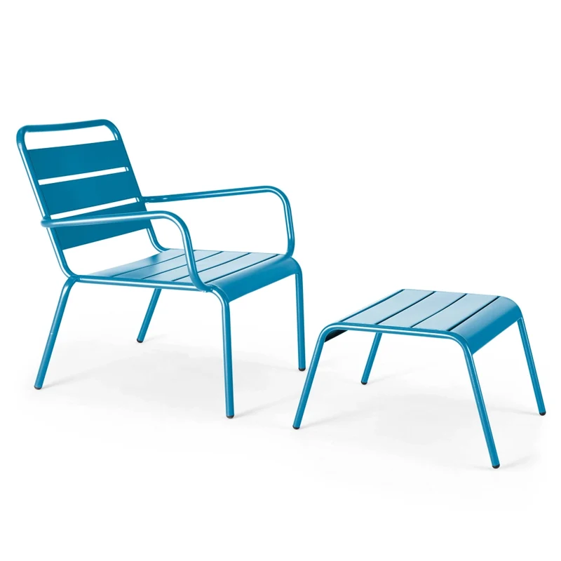 Oviala - Poltrona relax e poggiapiedi in metallo blu pacifico