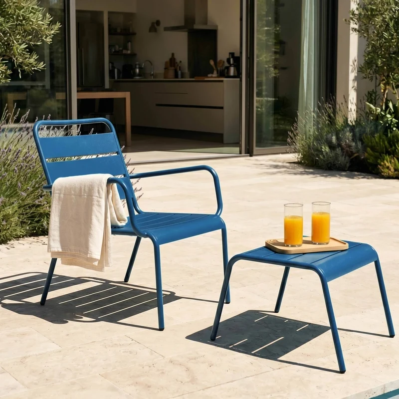 Oviala - Poltrona relax e poggiapiedi in metallo blu pacifico