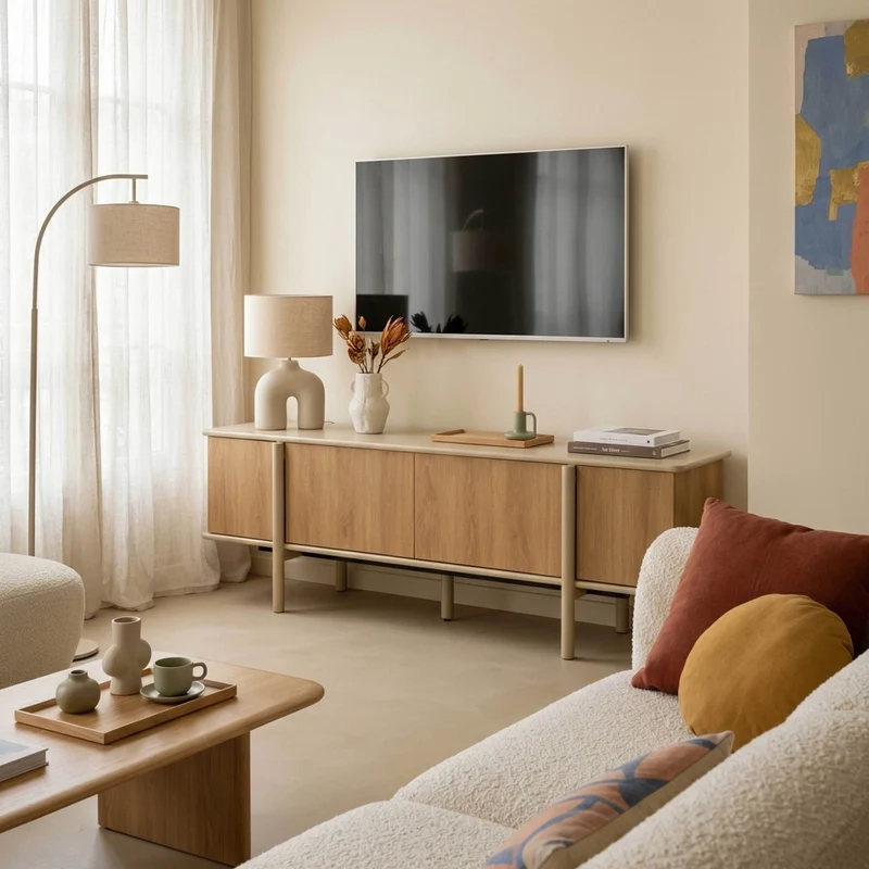 Oviala - Mobile porta TV effetto legno con 4 ante 180 cm crema