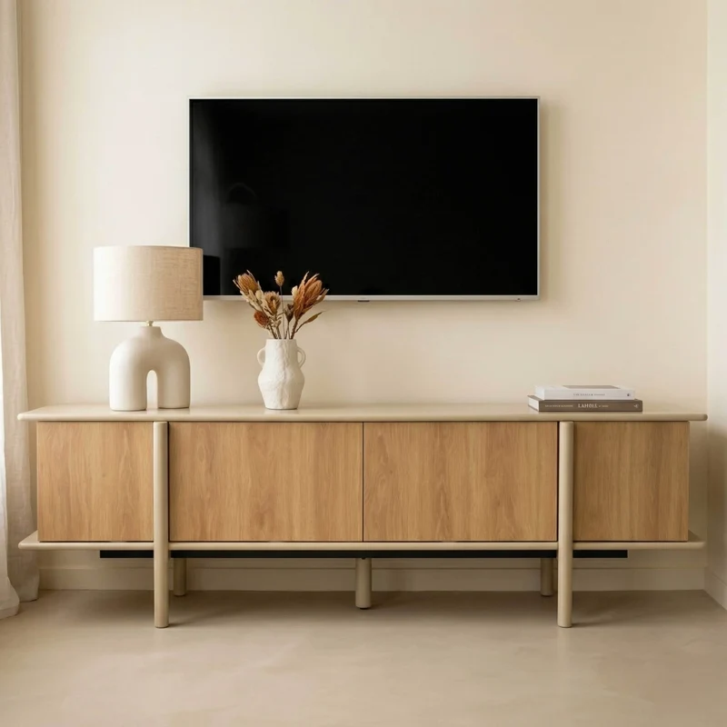 Oviala - Mobile porta TV effetto legno con 4 ante 180 cm crema