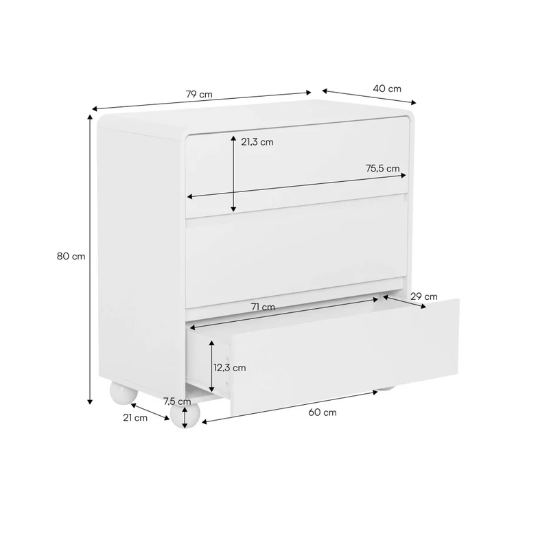 Cassettiera per bambini effetto in legno laccato, 3 cassetti, beige