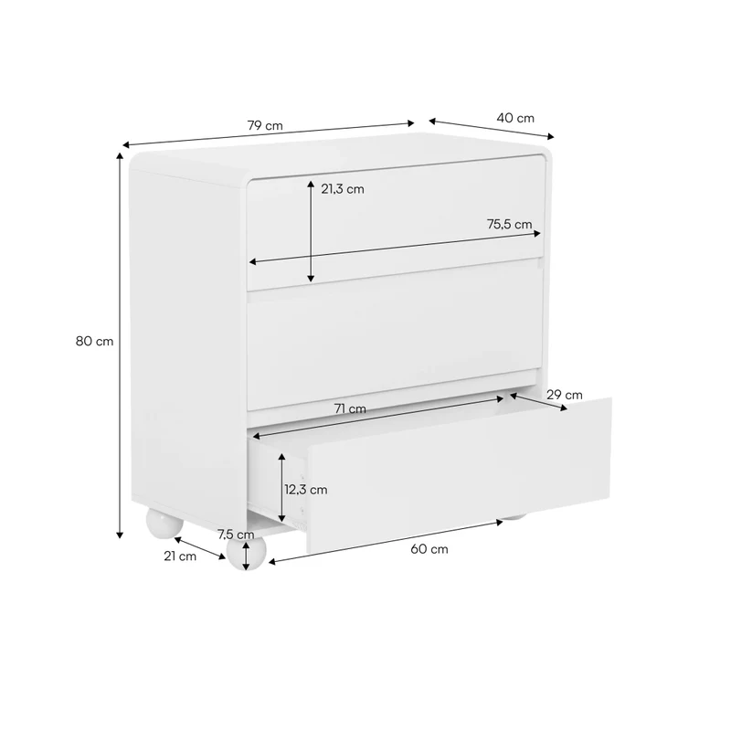 Cassettiera per bambini effetto in legno laccato, 3 cassetti, beige