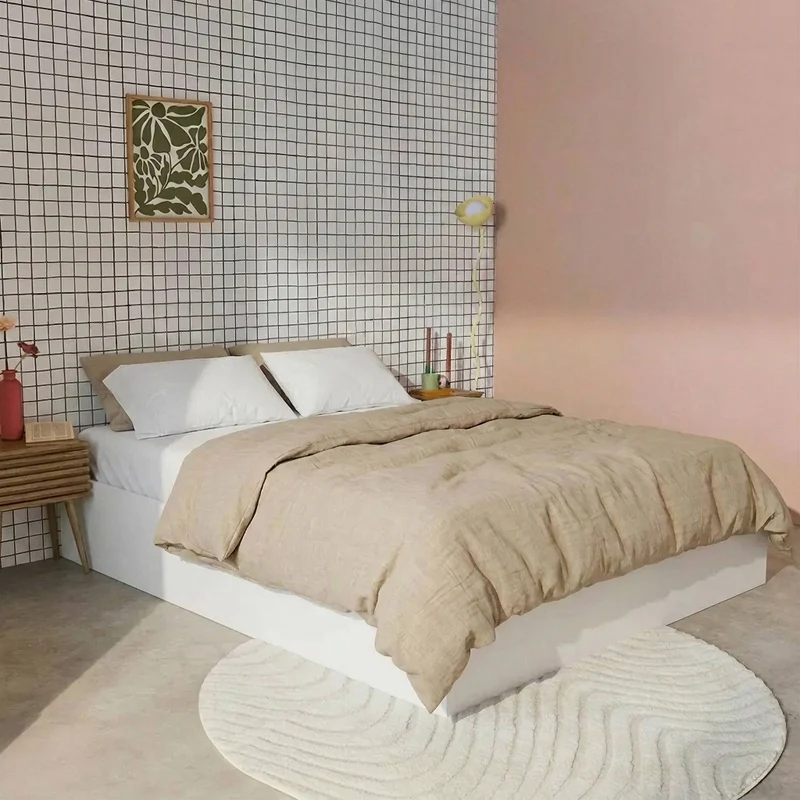 Letto contenitore con rete a doghe decorazione legno, 140x190cm,