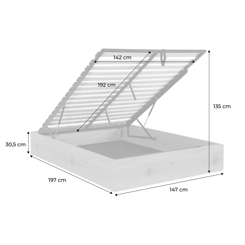 Letto contenitore con rete a doghe decorazione legno, 140x190cm,