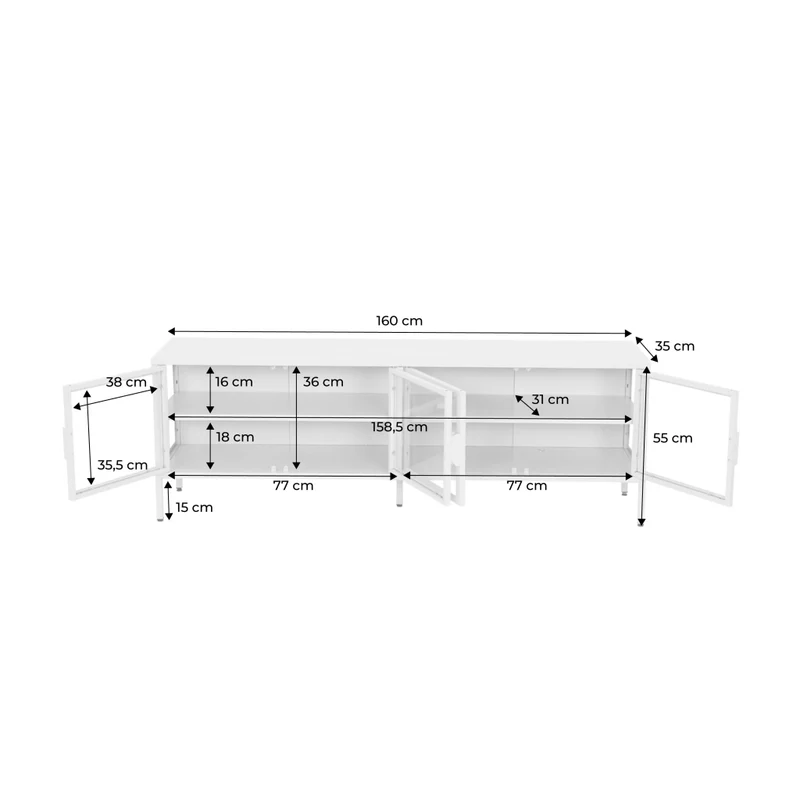 Mobile tv industriale in metallo e vetro temperato 4 ante, 160cm,