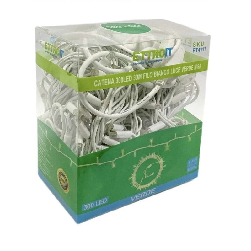 Catena Luminosa di Luci Led IP65 30 Metri Con 300 Led Filo Bianco Luce Verde Con Connettore Allungabile