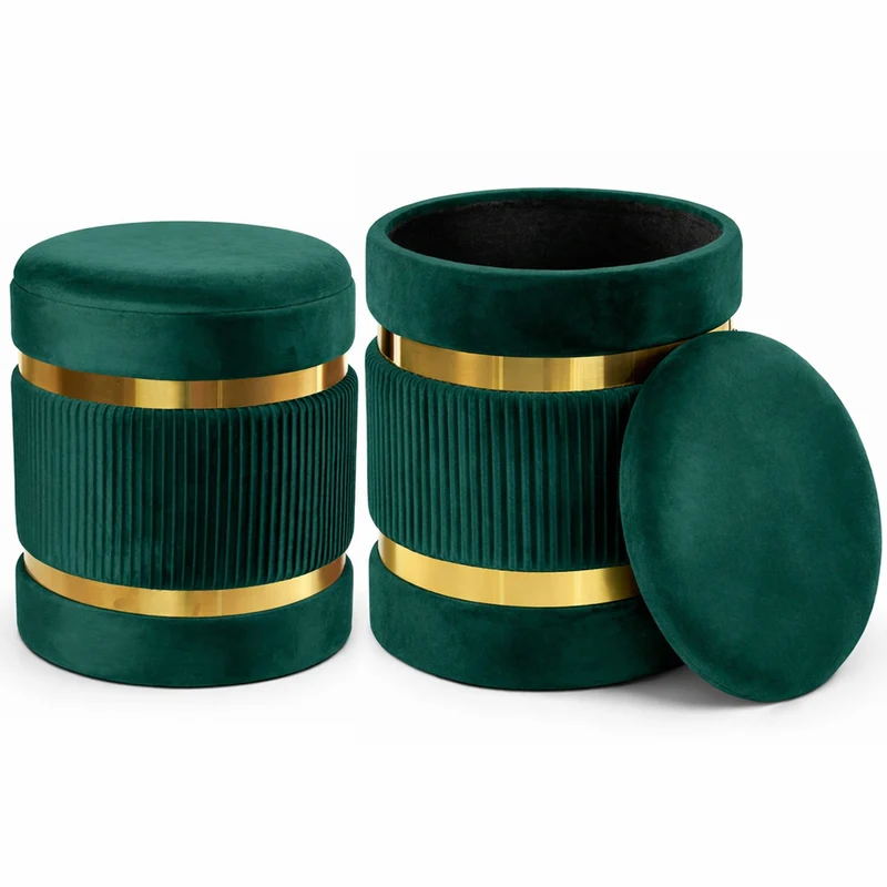 Set 2 Pouf Contenitore Ø 38x44 cm e Ø 31x38 cm con Rivestimento Velluto Verde