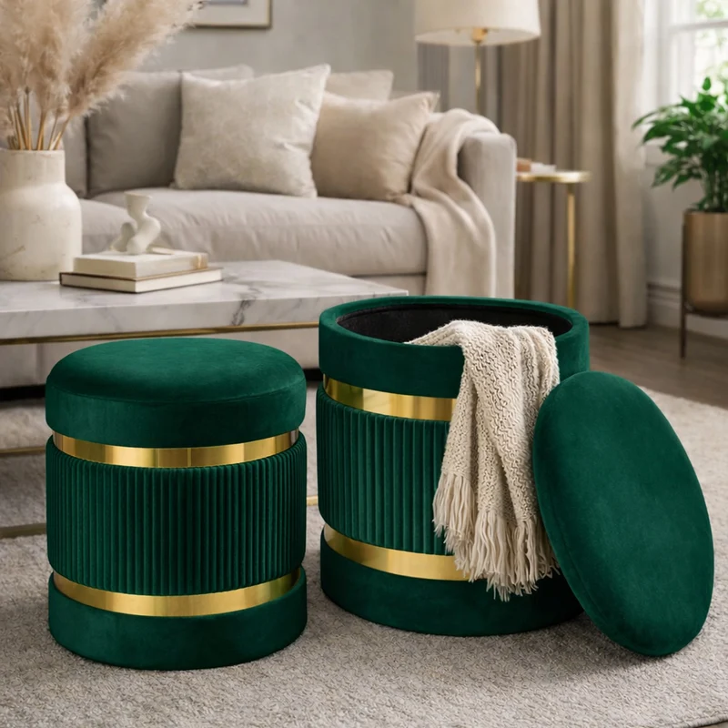 Set 2 Pouf Contenitore Ø 38x44 cm e Ø 31x38 cm con Rivestimento Velluto Verde