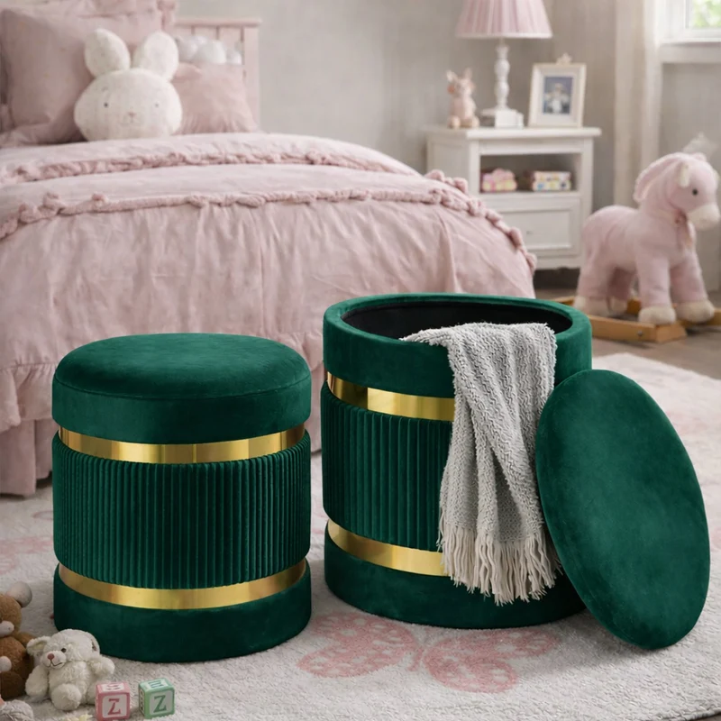 Set 2 Pouf Contenitore Ø 38x44 cm e Ø 31x38 cm con Rivestimento Velluto Verde