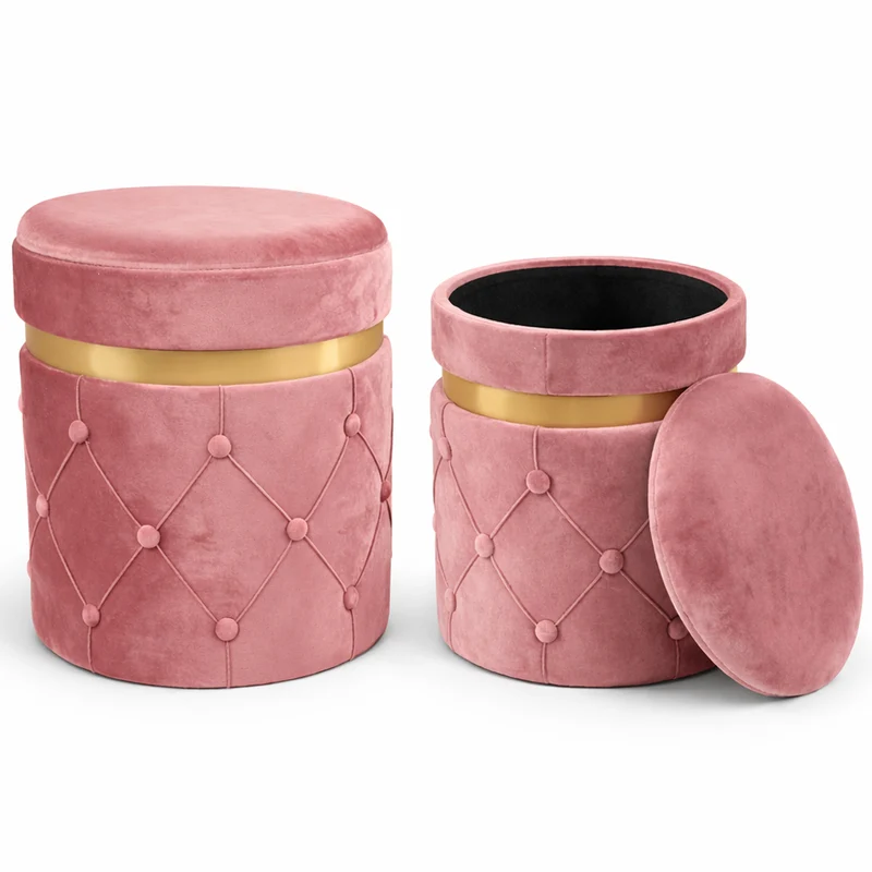 Set 2 Pouf Contenitori 38x44 cm e 31x38 cm con Design Trapuntato in Velluto Rosa