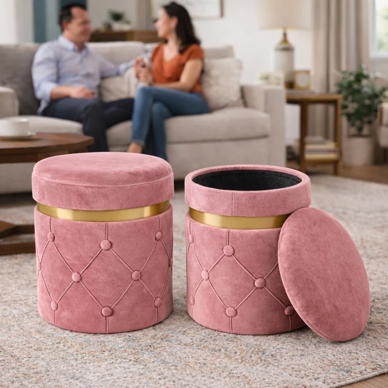 Set 2 Pouf Contenitori 38x44 cm e 31x38 cm con Design Trapuntato in Velluto Rosa