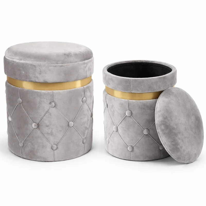 Set 2 Pouf Contenitori 38x44 cm e 31x38 cm con Design Trapuntato in Velluto Grigio