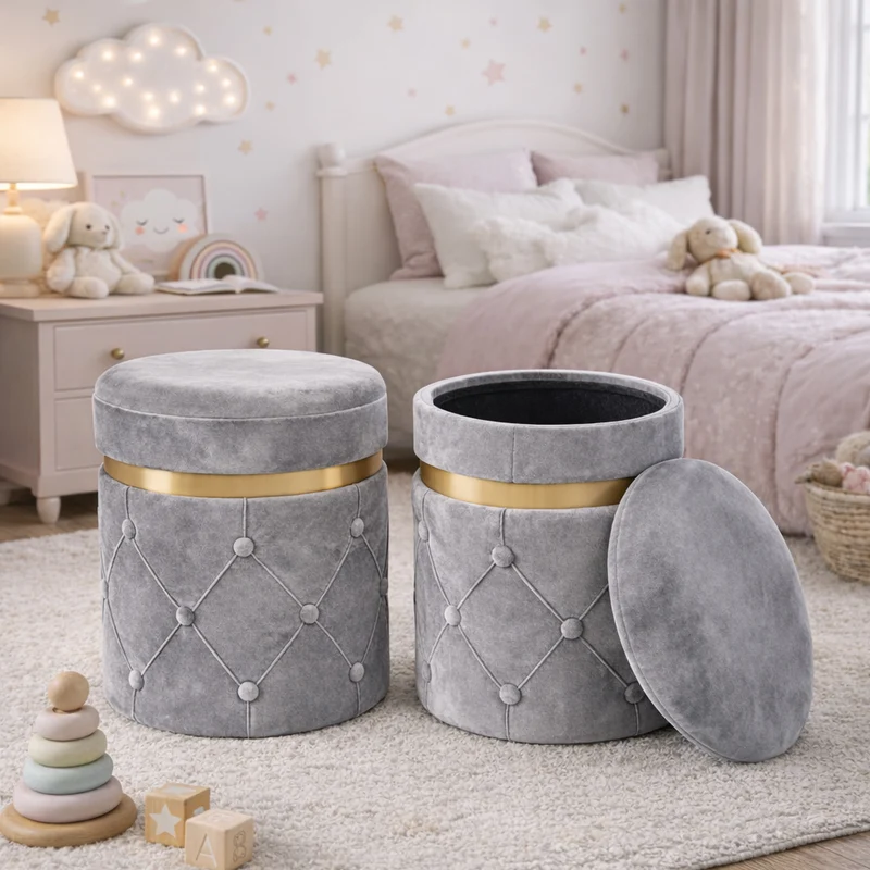 Set 2 Pouf Contenitori 38x44 cm e 31x38 cm con Design Trapuntato in Velluto Grigio