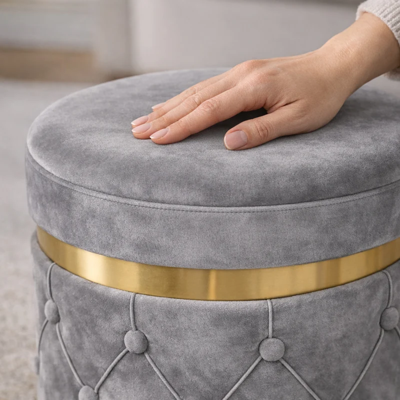 Set 2 Pouf Contenitori 38x44 cm e 31x38 cm con Design Trapuntato in Velluto Grigio