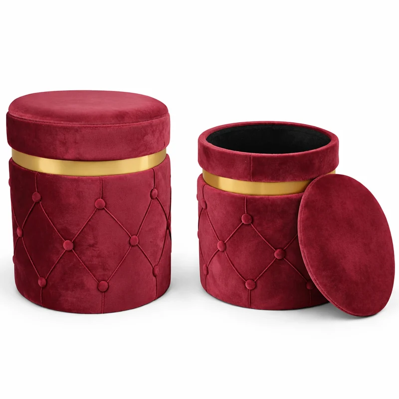 Set 2 Pouf Contenitori 38x44 cm e 31x38 cm con Design Trapuntato in Velluto Bordeaux