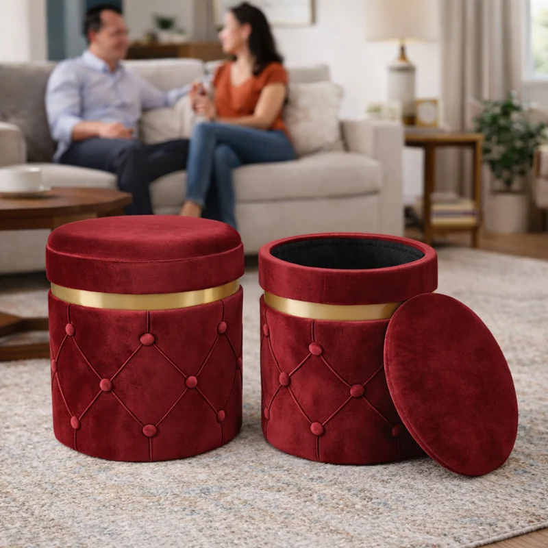 Set 2 Pouf Contenitori 38x44 cm e 31x38 cm con Design Trapuntato in Velluto Bordeaux