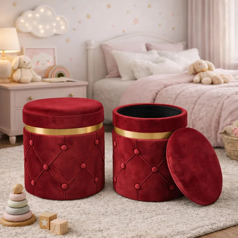 Set 2 Pouf Contenitori 38x44 cm e 31x38 cm con Design Trapuntato in Velluto Bordeaux