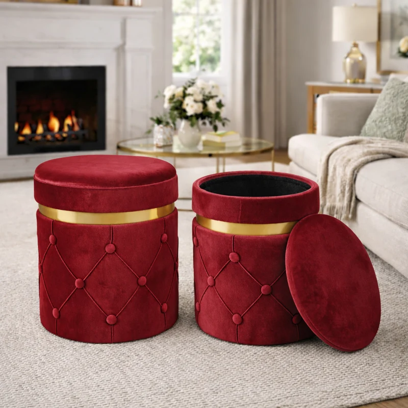 Set 2 Pouf Contenitori 38x44 cm e 31x38 cm con Design Trapuntato in Velluto Bordeaux