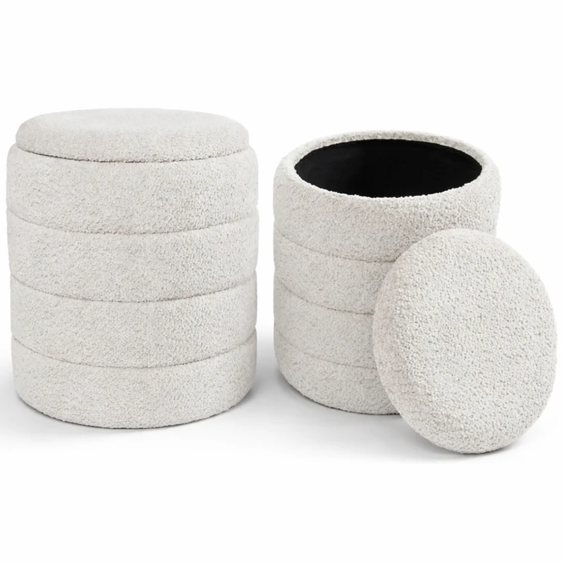 Set 2 Pouf Contenitori 43x45 cm e 35x40 cm Seduta Imbottita Rivestimento Bounclè Bianco