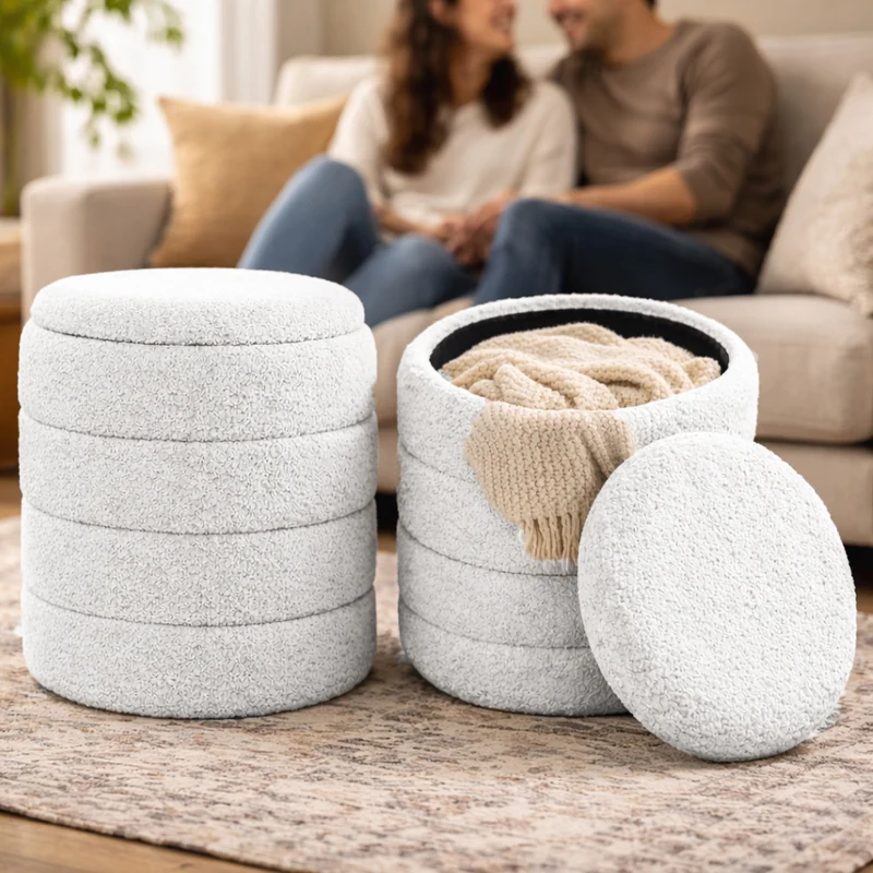 Set 2 Pouf Contenitori 43x45 cm e 35x40 cm Seduta Imbottita Rivestimento Bounclè Bianco