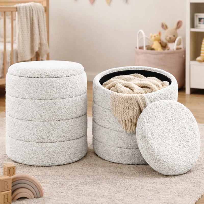 Set 2 Pouf Contenitori 43x45 cm e 35x40 cm Seduta Imbottita Rivestimento Bounclè Bianco
