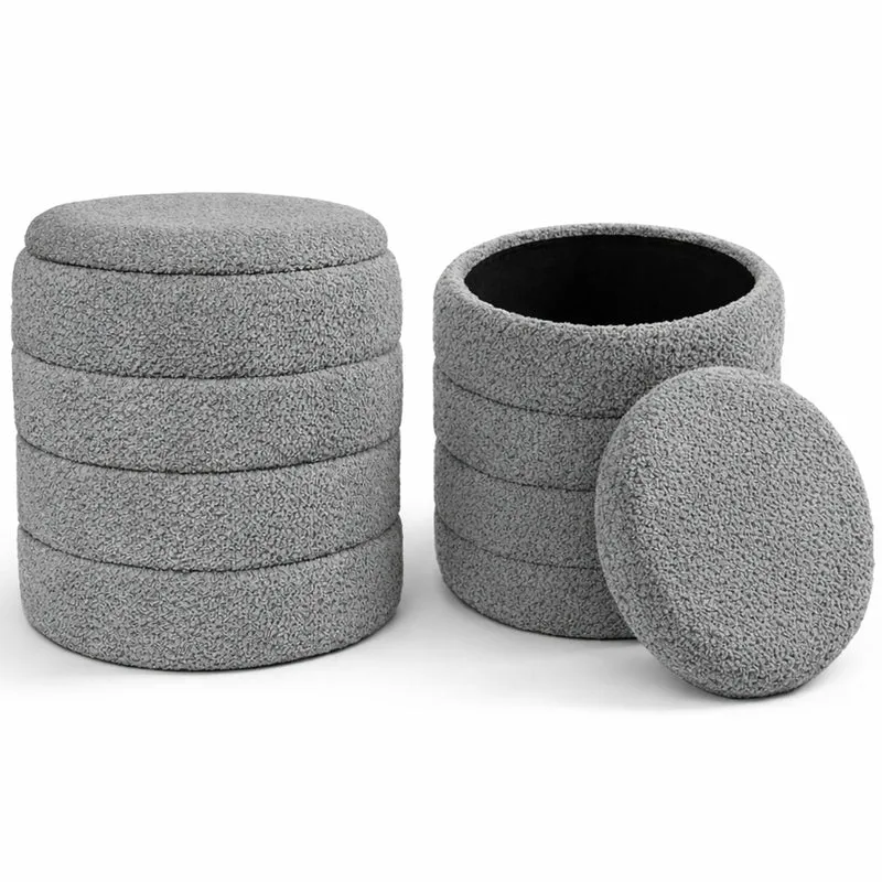 Set 2 Pouf Contenitori 43x45 cm e 35x40 cm Seduta Imbottita Rivestimento Bounclè Grigio