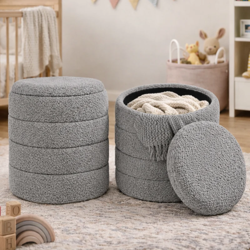 Set 2 Pouf Contenitori 43x45 cm e 35x40 cm Seduta Imbottita Rivestimento Bounclè Grigio