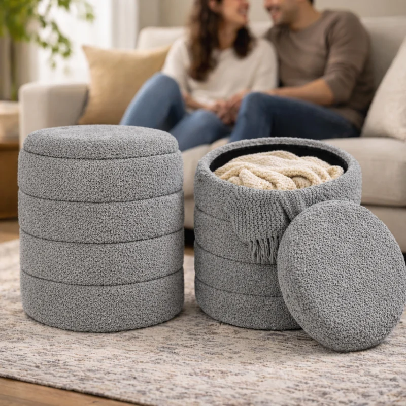 Set 2 Pouf Contenitori 43x45 cm e 35x40 cm Seduta Imbottita Rivestimento Bounclè Grigio