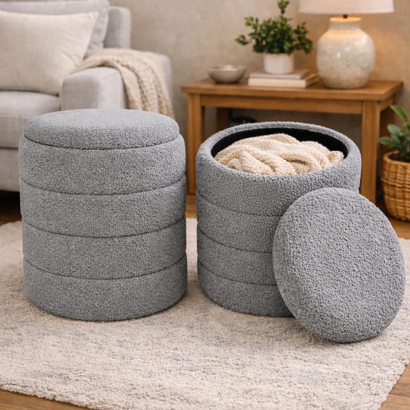 Set 2 Pouf Contenitori 43x45 cm e 35x40 cm Seduta Imbottita Rivestimento Bounclè Grigio