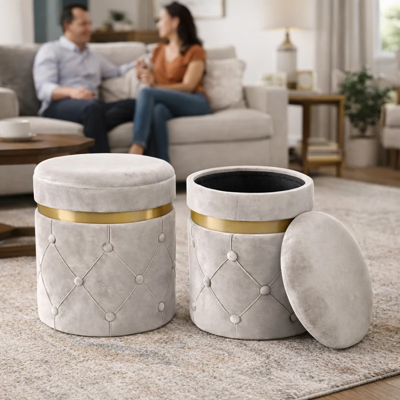 Pouf Contenitore Ø37x40 cm Sgabello Poggiapiedi in Velluto Avorio