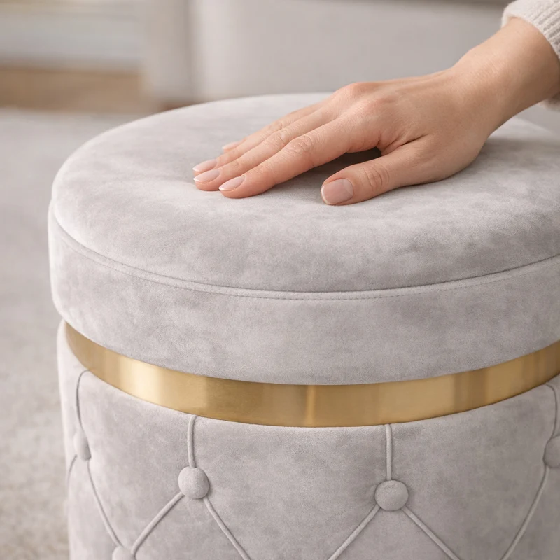 Pouf Contenitore Ø37x40 cm Sgabello Poggiapiedi in Velluto Avorio